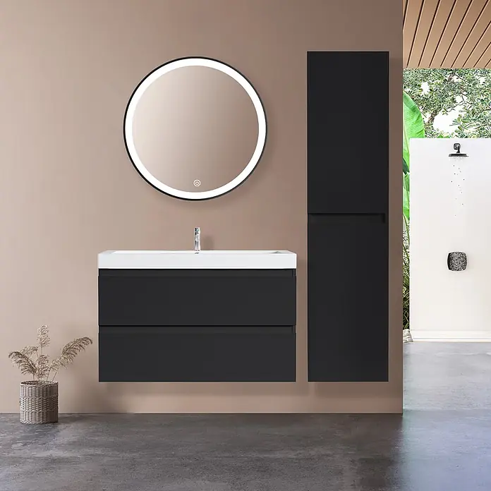 LOMAZOO Badmöbel-Set BMSET-80-MZ-WW - Gesamtbreite Badmöbel: 80 cm, Mattschwarz - Schwarzer schwebender Waschtisch mit weißem Waschbecken, rundem LED-Spiegel und hohem Schrank. Modernes Badmöbelset.