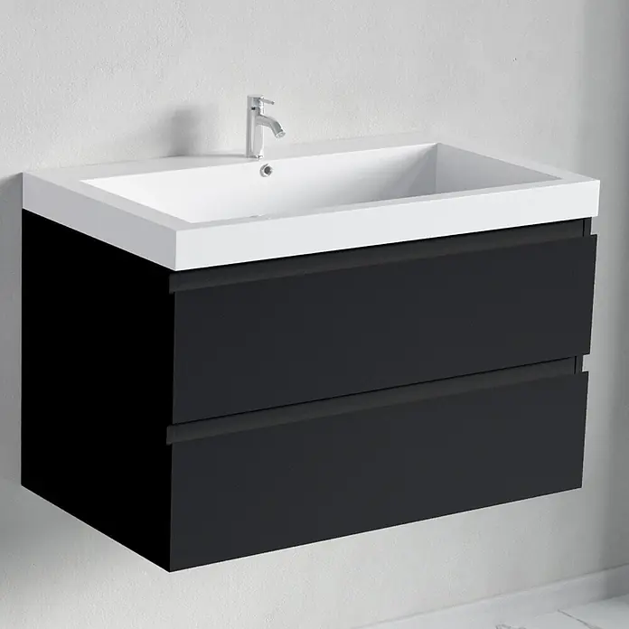 LOMAZOO Badmöbel-Set BMSET-80-MZ-WW - Gesamtbreite Badmöbel: 80 cm, Mattschwarz - Moderner wandhängender Badunterschrank mit integriertem weißen Waschbecken und zwei dunkelgrauen Schubladen, inklusive Wasserhahn.