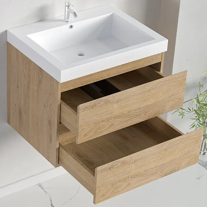 LOMAZOO Badmöbel-Set MON-LE-WW-60 - Gesamtbreite Badmöbel: 60 cm, Helles Eichenholz - Wandmontierter Waschtischunterschrank mit weißem Waschbecken und heller Holzmaserung, zwei Schubladen geöffnet.