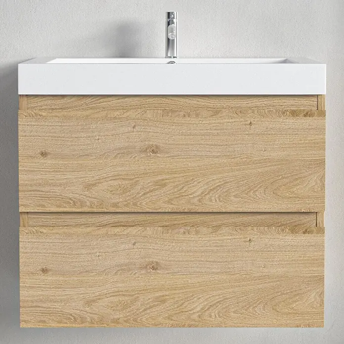 LOMAZOO Badmöbel-Set MON-LE-WW-60 - Gesamtbreite Badmöbel: 60 cm, Helles Eichenholz - Wandhängender Badunterschrank mit weißem integriertem Waschbecken, Chromarmatur und hellem Holzschrank mit zwei Schubladen.