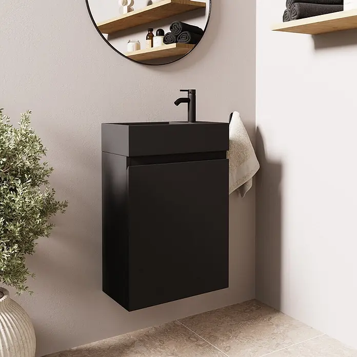 LOMAZOO Badmöbel-Set F01-MZ-Z - Gesamtbreite Badmöbel: 40 cm, Mattschwarz - Schwarzer wandmontierter Badezimmerschrank mit integriertem Waschbecken und Wasserhahn, in einem modernen Bad.