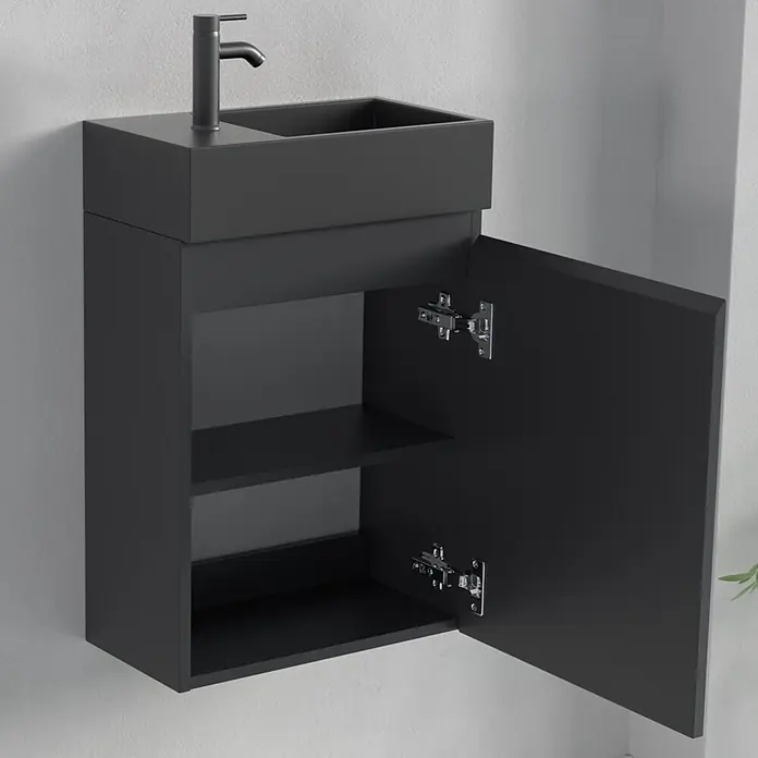 LOMAZOO Badmöbel-Set F01-MZ-Z - Gesamtbreite Badmöbel: 40 cm, Mattschwarz - Dunkelgrauer wandmontierter Waschtisch mit integriertem Waschbecken, Armatur und offenem Schrankspeicher.