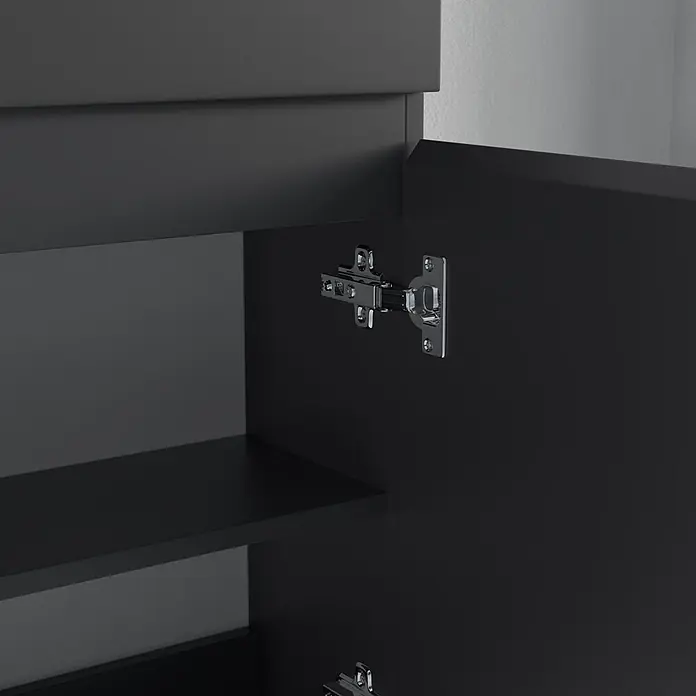 LOMAZOO Badmöbel-Set F01-MZ-Z - Gesamtbreite Badmöbel: 40 cm, Mattschwarz - Offener schwarzer Schrank mit Inneneinlegeböden und einem Chromscharnier an der Tür.