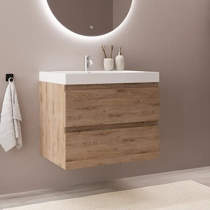 LOMAZOO Badmöbel-Set MON-LE-WW-60 - Gesamtbreite Badmöbel: 60 cm, Helles Eichenholz - Wandhängender Badschrank aus hellem Holz mit weißem Waschbecken und zwei Schubladen, im modernen Badezimmer.