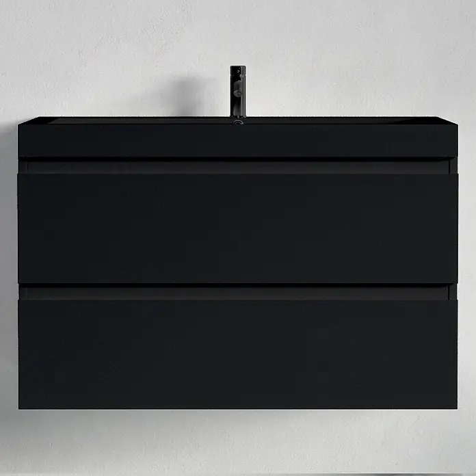 LOMAZOO Badmöbel-Set MON-MZ-WZ-80 - Gesamtbreite Badmöbel: 80 cm, Mattschwarz - Schwarzer wandmontierter Waschtischunterschrank mit zwei Schubladen und integrierter schwarzer Armatur.