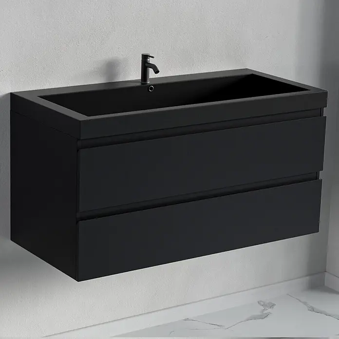LOMAZOO Badmöbel-Set BMSET-100-MZ-WZ - Gesamtbreite Badmöbel: 100 cm, Mattschwarz - Schwarz, wandmontierter Badunterschrank mit integriertem Waschbecken, zwei Schubladen und schwarzem Wasserhahn.