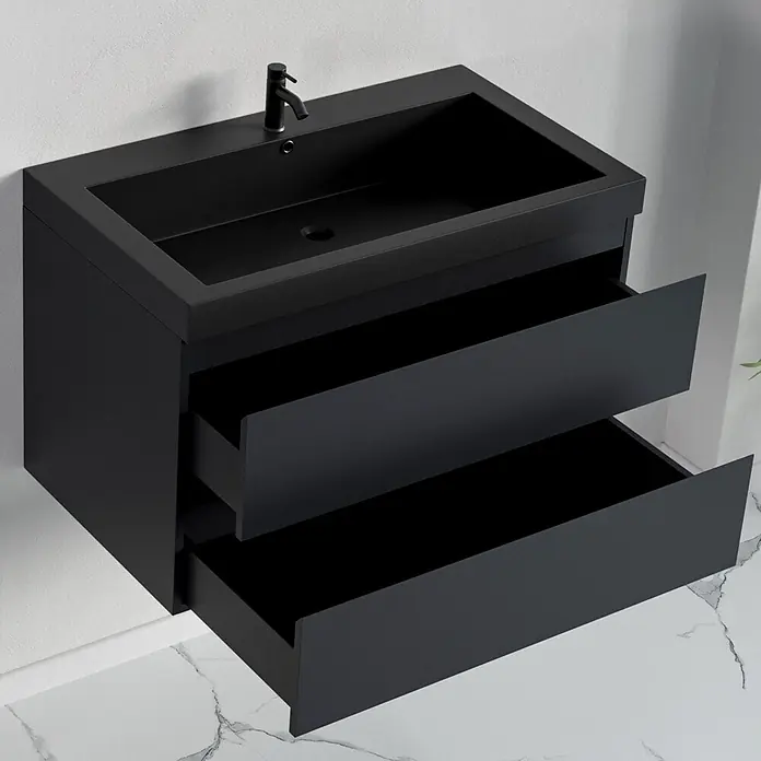 LOMAZOO Badmöbel-Set BMSET-80-MZ-WZ - Gesamtbreite Badmöbel: 35 cm, Mattschwarz - Schwarzer wandhängender Badschrank mit integriertem Waschbecken und zwei offenen Schubladen.