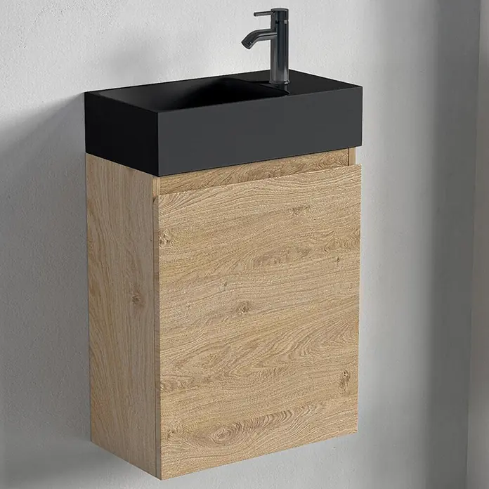 LOMAZOO Badmöbel-Set F01-1247-Z - Gesamtbreite Badmöbel: 40 cm, Helles Eichenholz - Moderne wandhängende Waschtischkombination mit schwarzem Waschbecken und hellem Holzschrank.