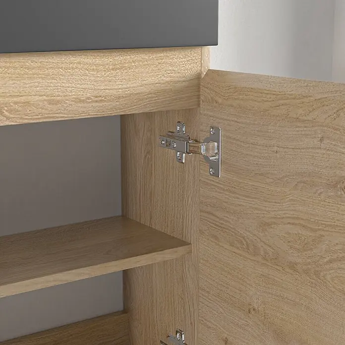 LOMAZOO Badmöbel-Set F01-1247-Z - Gesamtbreite Badmöbel: 40 cm, Helles Eichenholz - Offener Schrank in heller Holzoptik mit grauem Innenraum, sichtbaren Regalböden und silbernen Türscharnieren.