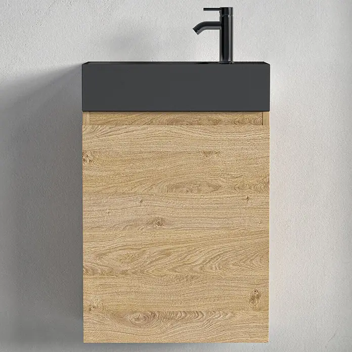 LOMAZOO Badmöbel-Set F01-1247-Z - Gesamtbreite Badmöbel: 40 cm, Helles Eichenholz - Wandmontierter Badunterschrank mit dunkelgrauem Integralwaschbecken, schwarzer Armatur und heller Holzfront.