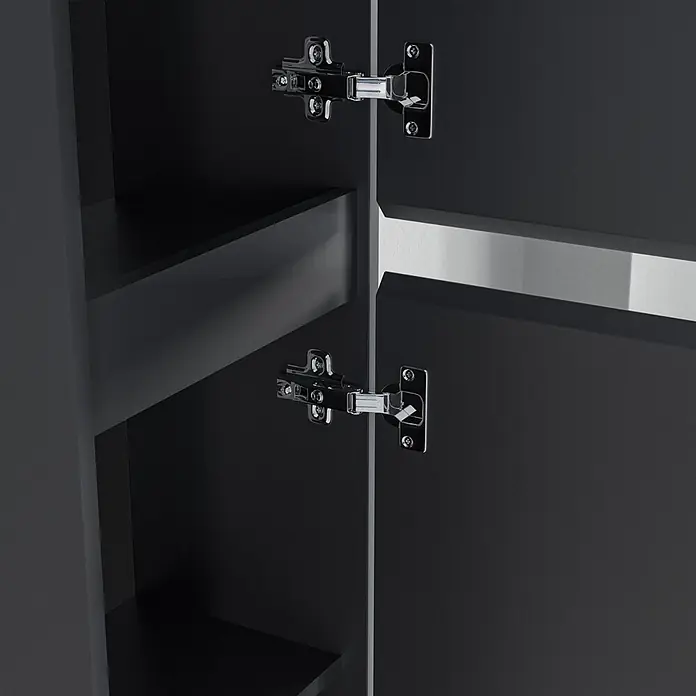 LOMAZOO Badmöbel-Set KOL01-MZ - Gesamtbreite Badmöbel: 35 cm, Mattschwarz - Inneres eines schwarzen Schranks mit schwarzen Einlegeböden und Chromscharnieren.