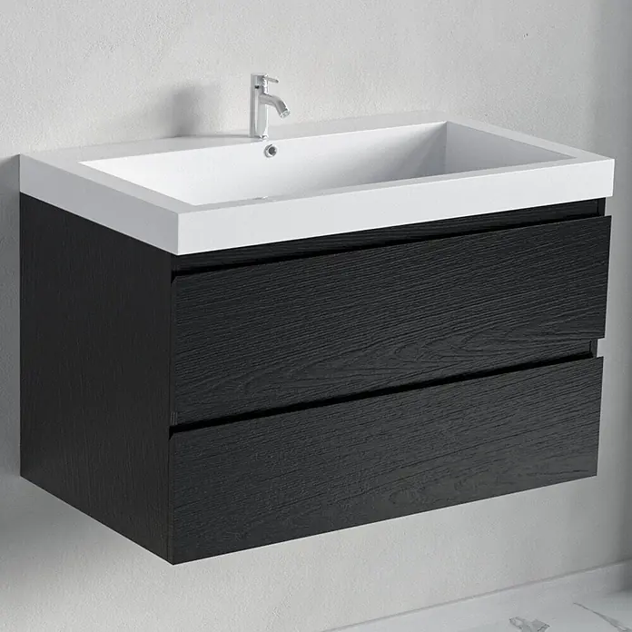 LOMAZOO Badmöbel-Set BMSET-80-ZE-WW - Gesamtbreite Badmöbel: 80 cm, Schwarzeiche - Wandhängender Waschtischunterschrank in Schwarz mit Holzmaserung, integriertem weißen Waschbecken und zwei Schubladen.