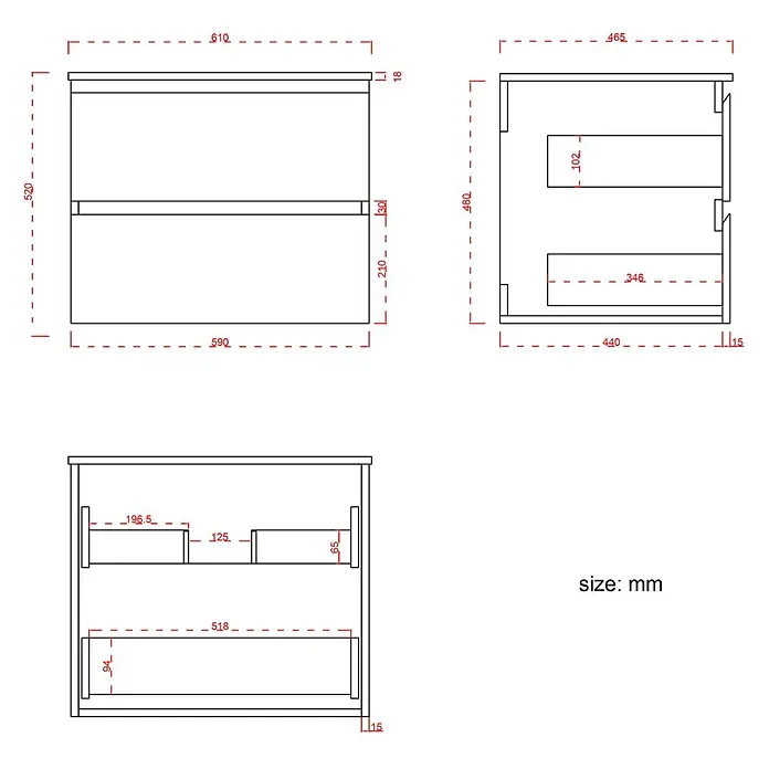 LOMAZOO Badmöbel-Set LM-MAR-WE-WW-60 - Gesamtbreite Badmöbel: 60 cm, Warme Eiche - Technische Zeichnung eines Wandschranks mit zwei Schubladen und Maßen.