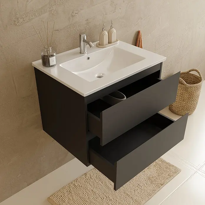 LOMAZOO Badmöbel-Set LM-MAR-MZ-WW-60 - Gesamtbreite Badmöbel: 60 cm, Mattschwarz - Dunkelgrauer wandmontierter Badunterschrank mit weißem Waschbecken und zwei offenen Schubladen im modernen Bad.
