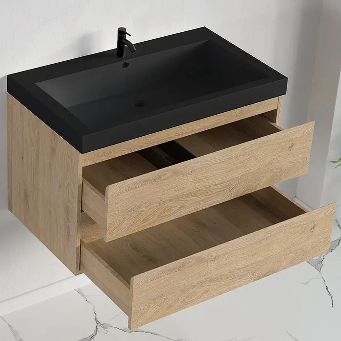 LOMAZOO Badmöbel-Set BMSET-80-LE-WZ - Gesamtbreite Badmöbel: 80 cm, Helles Eichenholz - Wandhängender Waschtischunterschrank mit schwarzem Waschbecken und zwei offenen Schubladen in heller Holzoptik.
