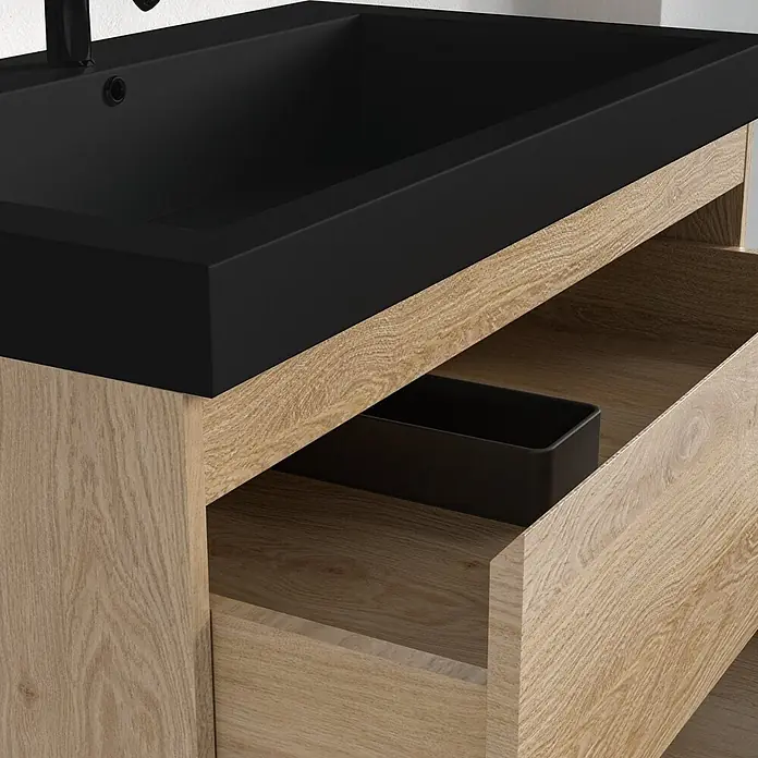 LOMAZOO Badmöbel-Set BMSET-80-LE-WZ - Gesamtbreite Badmöbel: 80 cm, Helles Eichenholz - Moderner Waschtisch mit integriertem mattschwarzem Waschbecken und hellem Eiche-Effekt-Schrank, offener Schublade und Organizer.