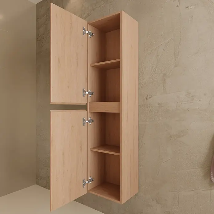 LOMAZOO Badmöbel-Set LM-VER-LE-WW-80 - Gesamtbreite Badmöbel: 80 cm, Helles Eichenholz - Hellholz-Badezimmerschrank mit zwei offenen Türen und Regalen an einer strukturierten Wand.