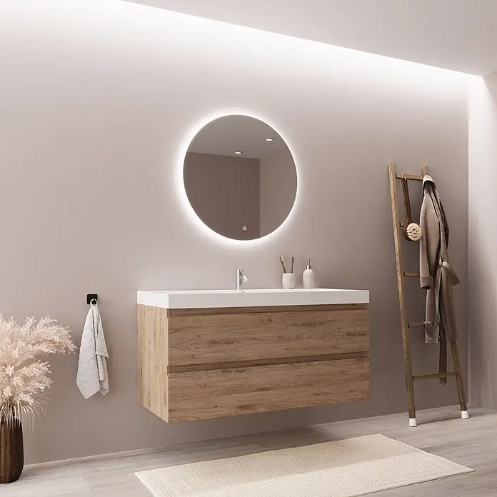 LOMAZOO Badmöbel-Set MON-LE-WW-100 - Gesamtbreite Badmöbel: 100 cm, Helles Eichenholz - Moderner Badwaschtisch mit weißem Becken, hellem Holzschrank und rundem LED-Spiegel in einem Badezimmer.