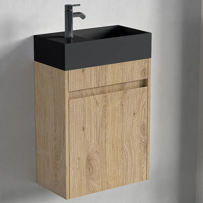 LOMAZOO Badmöbel-Set F02-1247-Z - Gesamtbreite Badmöbel: 40 cm, Helles Eichenholz - Wandhängender Waschtischunterschrank mit schwarzem integrierten Becken, schwarzer Armatur und heller Holzoptik.