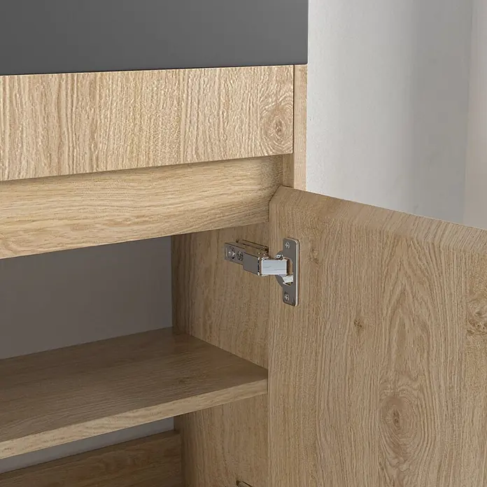 LOMAZOO Badmöbel-Set F02-1247-Z - Gesamtbreite Badmöbel: 40 cm, Helles Eichenholz - Offener heller Holzschrank mit dunkelgrauer Platte, zeigt Innenregale und Türscharnier.