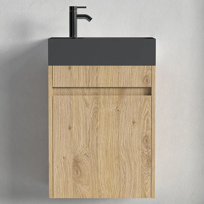 LOMAZOO Badmöbel-Set F02-1247-Z - Gesamtbreite Badmöbel: 40 cm, Helles Eichenholz - Wandhängender Waschtischunterschrank mit dunkelgrauer Platte, hellem Holzschrank mit zwei Schubladen und schwarzer Armatur.