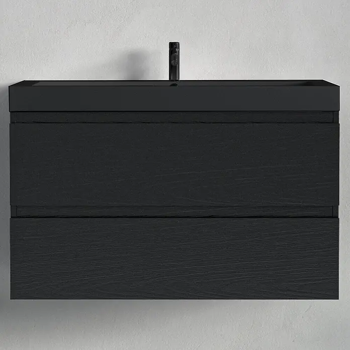 LOMAZOO Badmöbel-Set MON-ZE-WZ-80 - Gesamtbreite Badmöbel: 80 cm, Schwarzeiche - Schwarzer schwebender Badezimmerschrank mit zwei strukturierten Schubladen und integriertem Waschbecken mit Armatur.