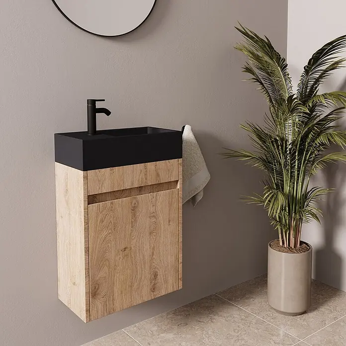 LOMAZOO Badmöbel-Set F02-1247-Z - Gesamtbreite Badmöbel: 40 cm, Helles Eichenholz - Moderne wandmontierte Waschtischkombination mit schwarzem Becken und Armatur, hellem Holzschrank im Badezimmer.