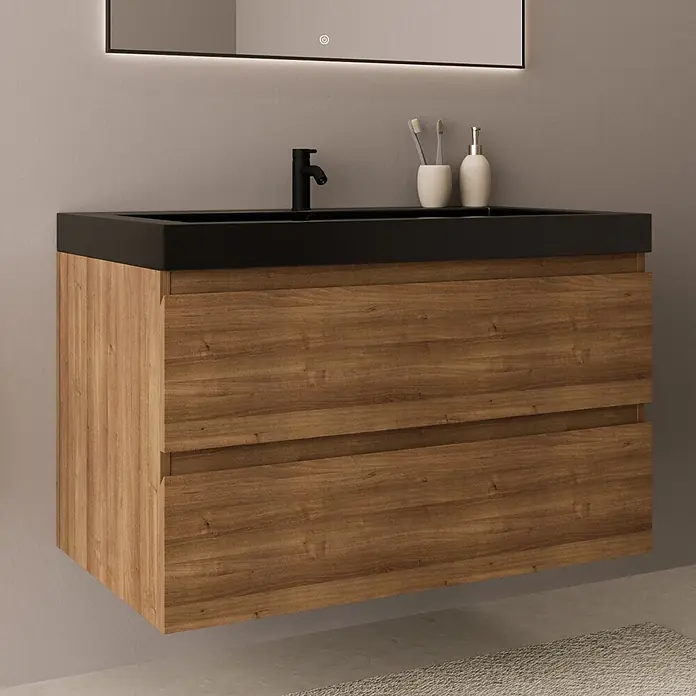 LOMAZOO Badmöbel-Set BMSET-80-WE-WZ - Gesamtbreite Badmöbel: 80 cm, Warme Eiche - Wandhängender Holz-Badezimmerschrank mit zwei Schubladen, schwarzem Waschbecken und Wasserhahn.