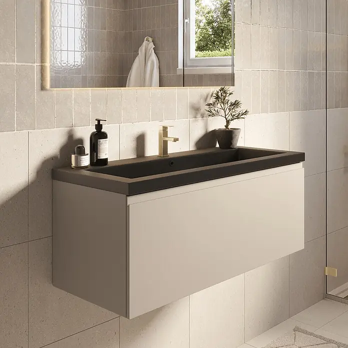 LOMAZOO Badmöbel-Set MOD-BE-WZ-100 - Gesamtbreite Badmöbel: 100 cm, Greige - Wandhängender Waschtisch mit dunkelgrauem integriertem Becken und hellbeigem Unterschrank, goldener Armatur.