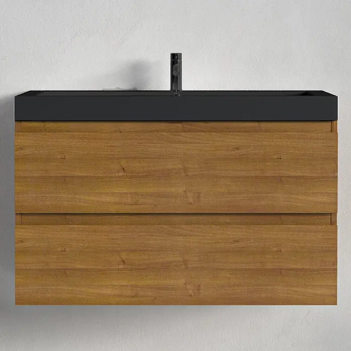 LOMAZOO Badmöbel-Set BMSET-80-WE-WZ - Gesamtbreite Badmöbel: 80 cm, Warme Eiche - Wandhängender Waschtischunterschrank mit dunkelgrauem integriertem Waschbecken und Armatur, über Holzschrank mit zwei Schubladen.