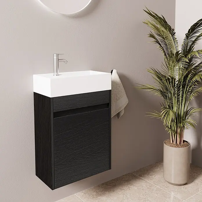 LOMAZOO Badmöbel-Set F02-ZE-W - Gesamtbreite Badmöbel: 40 cm, Schwarzeiche - Wandhängender Waschtisch aus schwarzem Holz mit weißem Becken und Chromarmatur, kompakt für moderne Bäder.