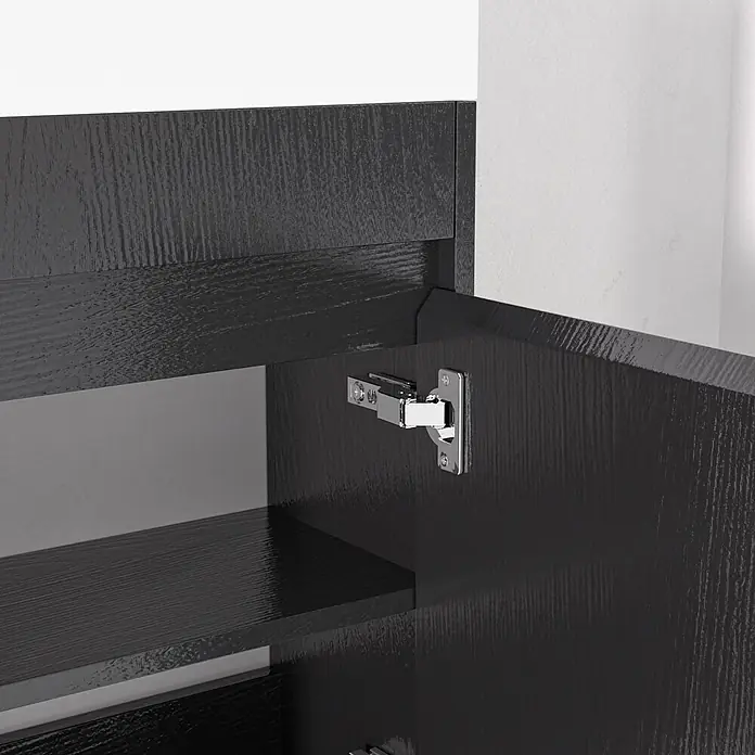 LOMAZOO Badmöbel-Set F02-ZE-W - Gesamtbreite Badmöbel: 40 cm, Schwarzeiche - Offener schwarzer Schrank mit Holzmaserung, zeigt Regalböden und ein silbernes Scharnier.