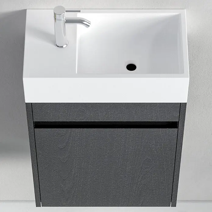 LOMAZOO Badmöbel-Set F02-ZE-W - Gesamtbreite Badmöbel: 40 cm, Schwarzeiche - Moderner Waschtisch mit weißem Becken, Chromarmatur und dunkelgrauem Holzschrank.