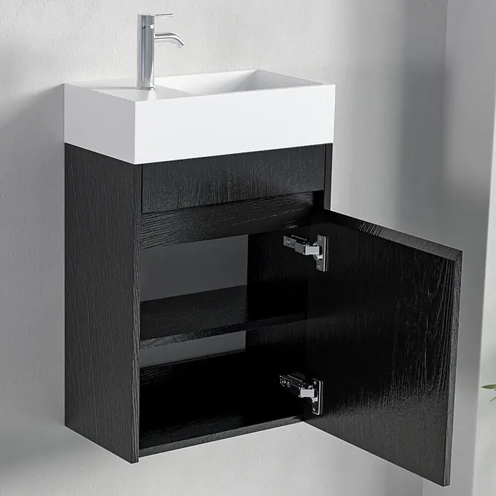 LOMAZOO Badmöbel-Set F02-ZE-W - Gesamtbreite Badmöbel: 40 cm, Schwarzeiche - Wandmontierter Waschtisch aus dunklem Holz mit weißem Waschbecken und silbernem Wasserhahn, Tür offen mit Regalen.