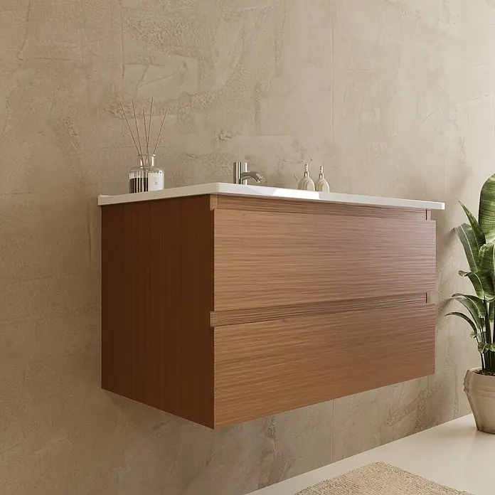 LOMAZOO Badmöbel-Set LM-MAR-WE-WW-80 - Gesamtbreite Badmöbel: 80 cm, Warme Eiche - Wandhängender Badunterschrank aus Holz mit weißer Platte und zwei braunen Schubladen.