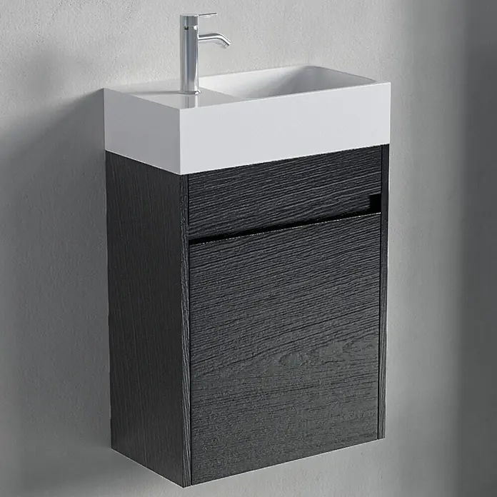 LOMAZOO Badmöbel-Set F02-ZE-W - Gesamtbreite Badmöbel: 40 cm, Schwarzeiche - Wandhängender Waschtischunterschrank in dunkler Holzoptik mit weißem Becken und Chromarmatur.