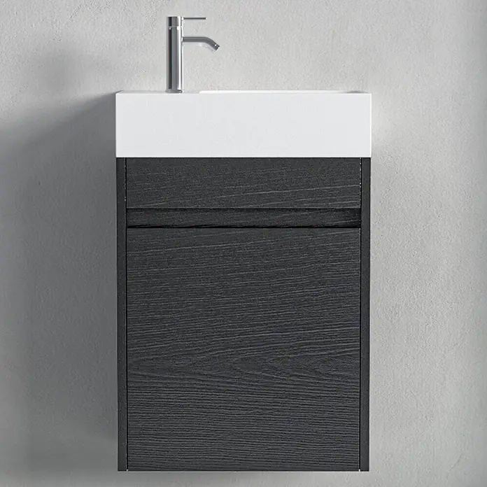 LOMAZOO Badmöbel-Set F02-ZE-W - Gesamtbreite Badmöbel: 40 cm, Schwarzeiche - Wandhängender Badunterschrank mit weißem Waschbecken, dunkelgrauem Holzschrank und Chromarmatur.