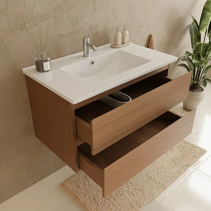 LOMAZOO Badmöbel-Set LM-MAR-WE-WW-80 - Gesamtbreite Badmöbel: 80 cm, Warme Eiche - Wandmontierter Waschtisch aus Holz mit weißem Waschbecken und Arbeitsplatte, mit zwei offenen Schubladen.