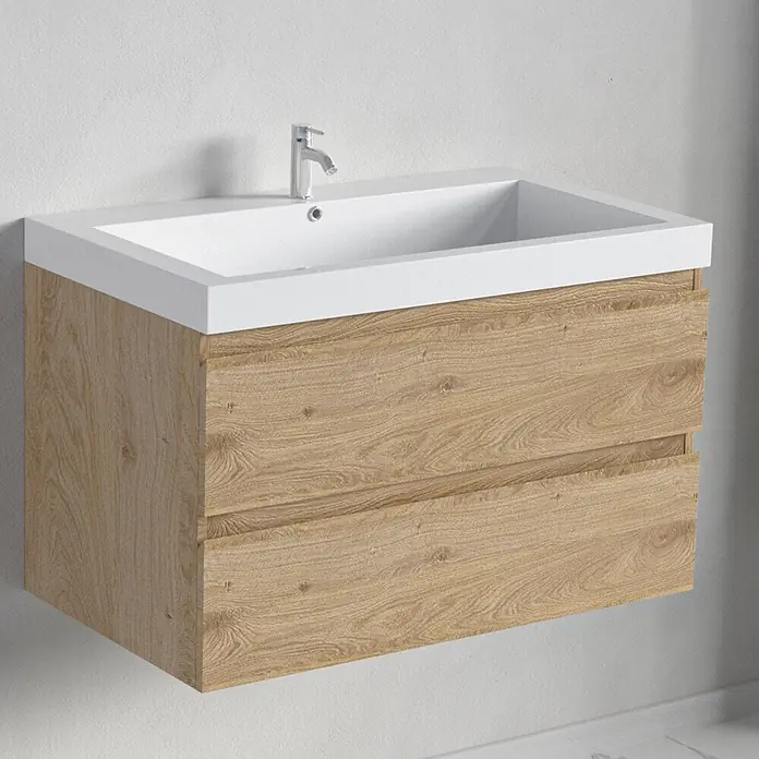 LOMAZOO Badmöbel-Set BMSET-80-LE-WW - Gesamtbreite Badmöbel: 35 cm, Helles Eichenholz - Wandhängender Badschrank mit weißem integriertem Waschbecken und hellem Holzdekor-Unterschrank mit zwei Schubladen.