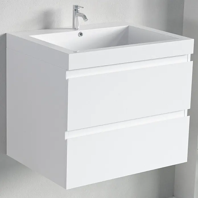 LOMAZOO Badmöbel-Set BMSET-60-GW-WW - Gesamtbreite Badmöbel: 60 cm, Glänzend weiß - Weißer schwebender Waschtisch mit integriertem Waschbecken, Chromarmatur und zwei Auszugsschubladen.