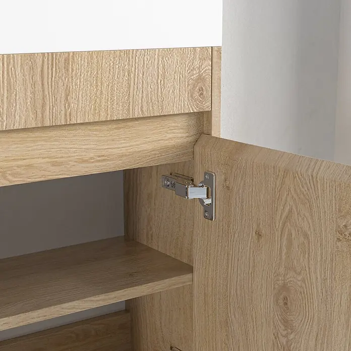 LOMAZOO Badmöbel-Set F02-1247-W - Gesamtbreite Badmöbel: 40 cm, Helles Eichenholz - Heller Holzschrank mit offener Tür, einem Regal und einem Metallscharnier. Die obere Platte ist weiß.
