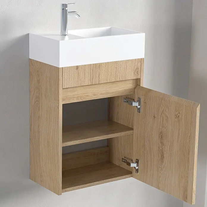 LOMAZOO Badmöbel-Set F02-1247-W - Gesamtbreite Badmöbel: 40 cm, Helles Eichenholz - Wandhängender Waschtischunterschrank mit weißem Becken, Chromarmatur und hellem Eichenschrank mit offener Tür und Regalen.
