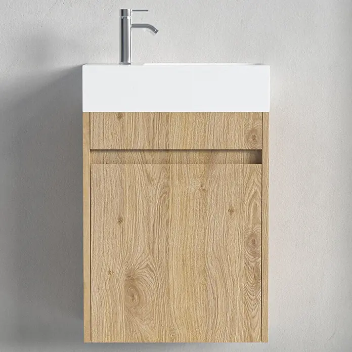 LOMAZOO Badmöbel-Set F02-1247-W - Gesamtbreite Badmöbel: 40 cm, Helles Eichenholz - Wandhängender Waschtisch mit weißem Becken, Chromarmatur und hellem Holzschrank mit zwei grifflosen Schubladen.