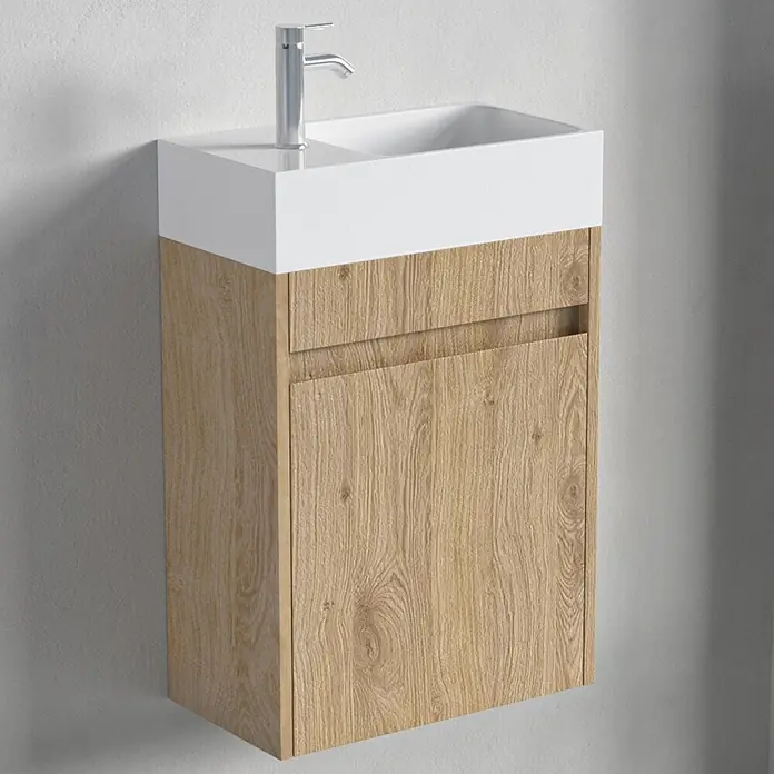 LOMAZOO Badmöbel-Set F02-1247-W - Gesamtbreite Badmöbel: 40 cm, Helles Eichenholz - Wandmontierter Waschtischunterschrank mit weißem Keramikbecken und hellem Holzschrank.