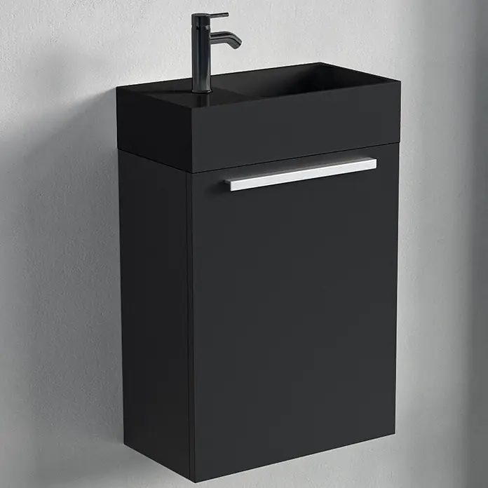 LOMAZOO Badmöbel-Set F03-MZ-Z - Gesamtbreite Badmöbel: 40 cm, Mattschwarz - Schwarzer wandmontierter Badezimmerwaschtisch mit integriertem Waschbecken, schwarzem Wasserhahn und silbernem Griff.