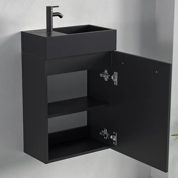 LOMAZOO Badmöbel-Set F03-MZ-Z - Gesamtbreite Badmöbel: 40 cm, Mattschwarz - Schwarzer wandmontierter Badunterschrank mit integriertem Waschbecken, Wasserhahn und offenem Schrank mit zwei Ablagen.