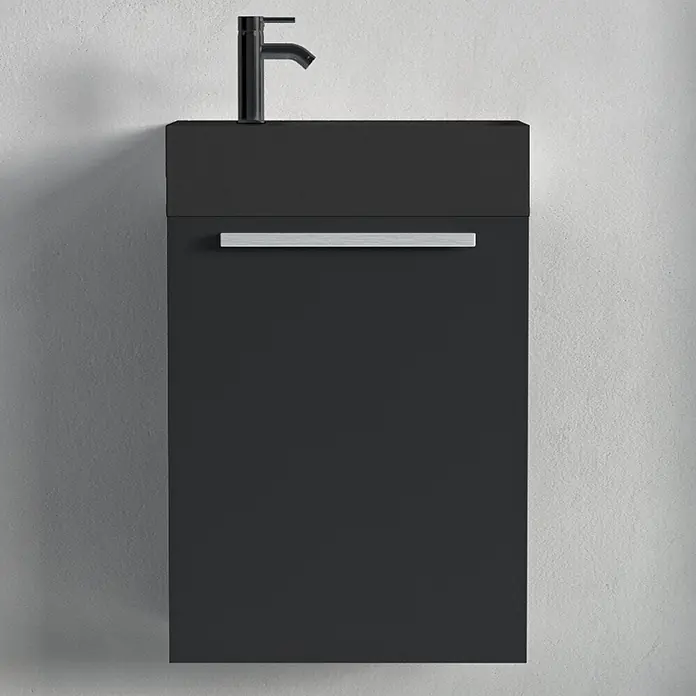 LOMAZOO Badmöbel-Set F03-MZ-Z - Gesamtbreite Badmöbel: 40 cm, Mattschwarz - Dunkelgrauer wandmontierter Waschtischunterschrank mit integriertem Waschbecken, schwarzem Wasserhahn und silbernem Griff.