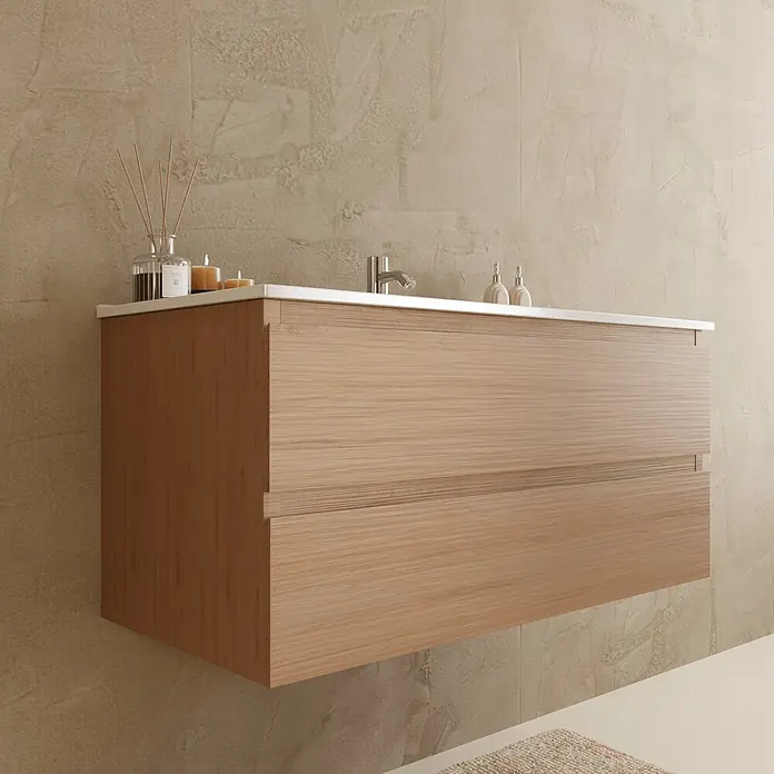 LOMAZOO Badmöbel-Set LM-MAR-LE-WW-100 - Gesamtbreite Badmöbel: 100 cm, Helles Eichenholz - Hängender Badezimmerschrank aus hellem Holz mit zwei Schubladen, weißer Arbeitsplatte und Wasserhahn.