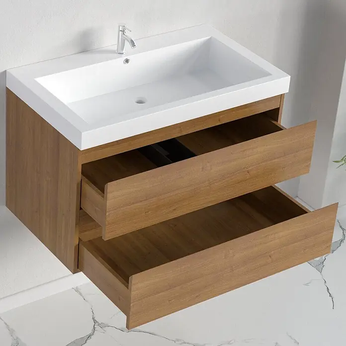 LOMAZOO Badmöbel-Set MON-WE-WW-80 - Gesamtbreite Badmöbel: 80 cm, Warme Eiche - Wandhängender Badezimmer-Waschtisch mit weißem Waschbecken und zwei geöffneten Schubladen in Holzoptik.