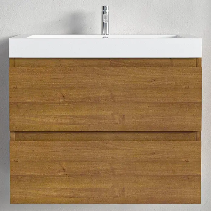 LOMAZOO Badmöbel-Set MON-WE-WW-60 - Gesamtbreite Badmöbel: 60 cm, Warme Eiche - Wandhängender Badunterschrank mit weißem Waschbecken, Chromarmatur und hellbraunem Holzschrank mit zwei Schubladen.
